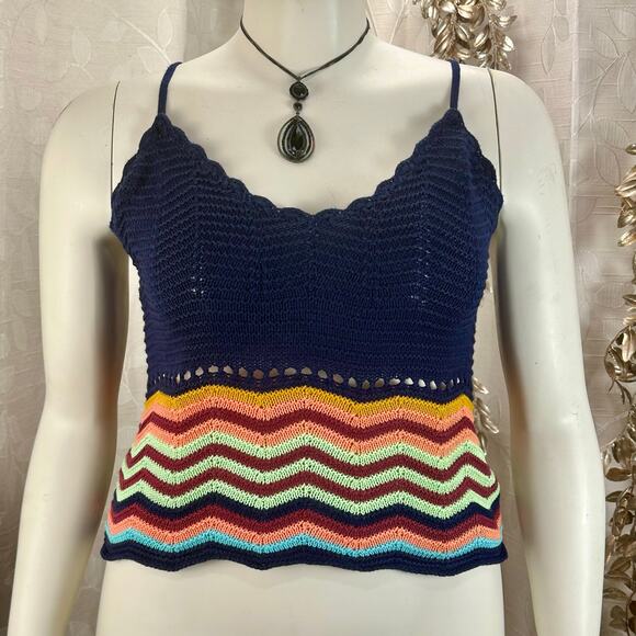 Mossimo Chevron Crochet Knit Tank Top Small Navy Multicolor‎ Boho Festival - Picture 3 of 12